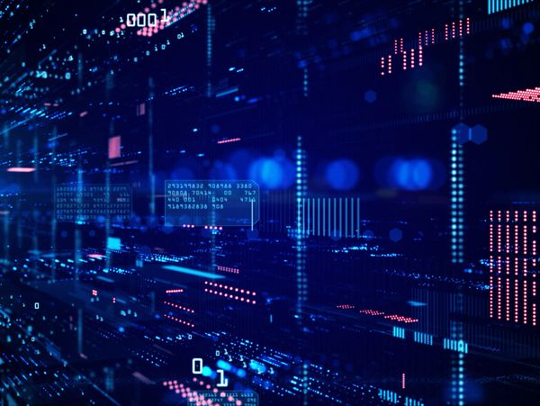 Abstract digital data streams and binary code in blue and red tones.