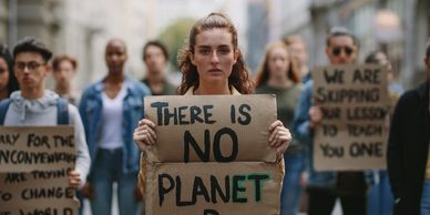 Gen Z marching, with a woman in front with a sign, "There is NO Planet X"