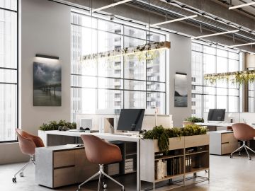 Modern office space with ergonomic chairs and abundant natural light.