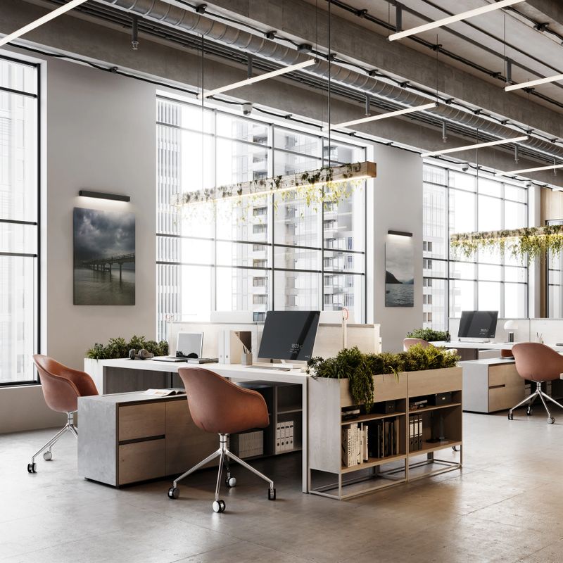 Computer generated image of an office interior. Modern office desk with plants. Eco friendly office interior.