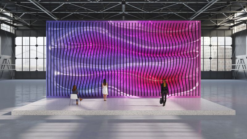 A large sculpture on display in an industrial building. All items in the scene are 3D