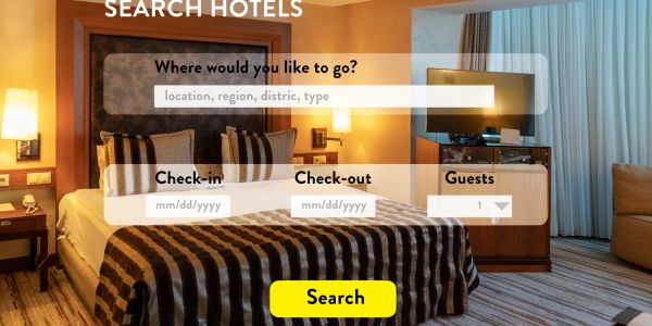 Hotel booking page with search fields over bedroom image.