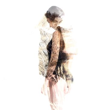 Double exposure of a woman and a barren tree landscape.