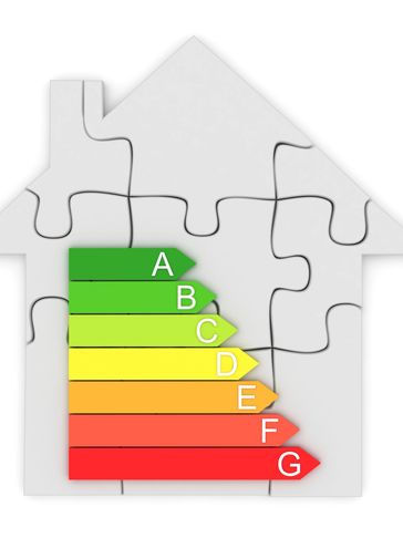 House-shaped puzzle with energy efficiency rating bars from A to G.
