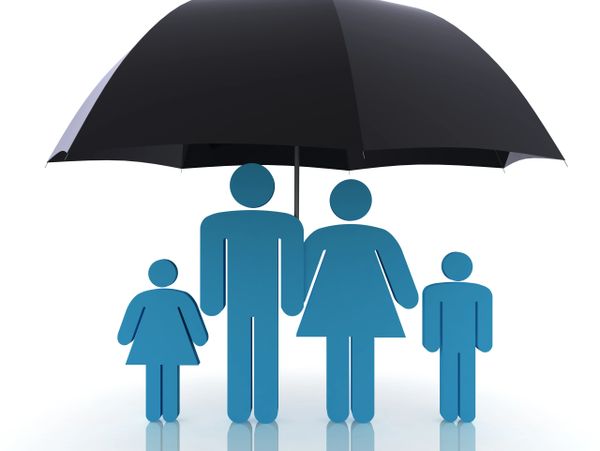 Blue family figures under a large black umbrella symbolizing protection.