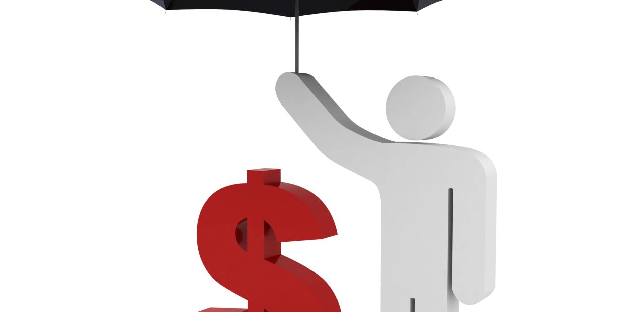 A figure holds an umbrella over a red dollar sign, symbolizing financial protection.