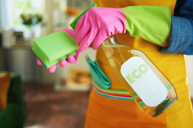 Closeup on woman in orange apron and pink rubber gloves with spray bottle of green cleaning supplies and green sponge housecleaning in the house in sunny day.