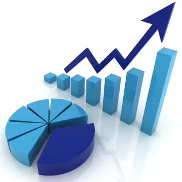 3D blue pie and bar charts with an upward arrow indicating growth.