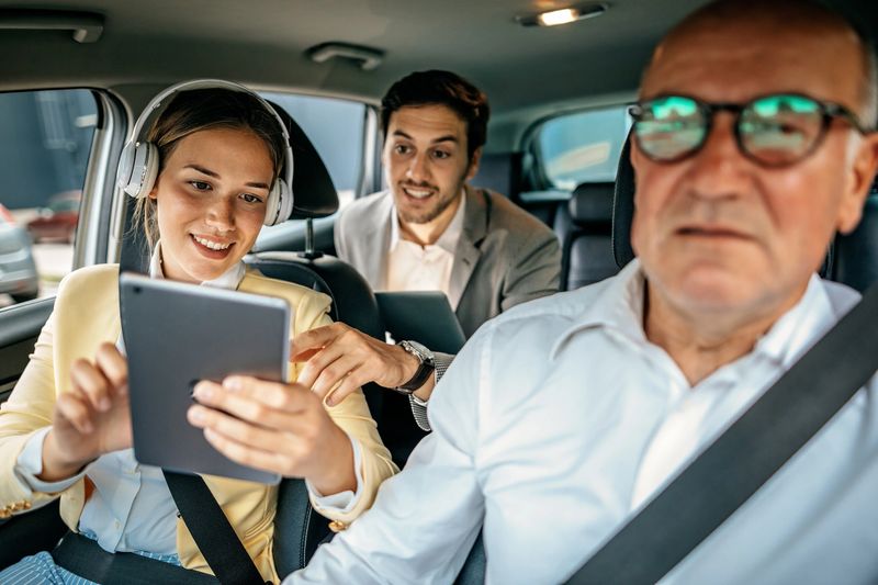 Business woman using digital tablet in taxi
