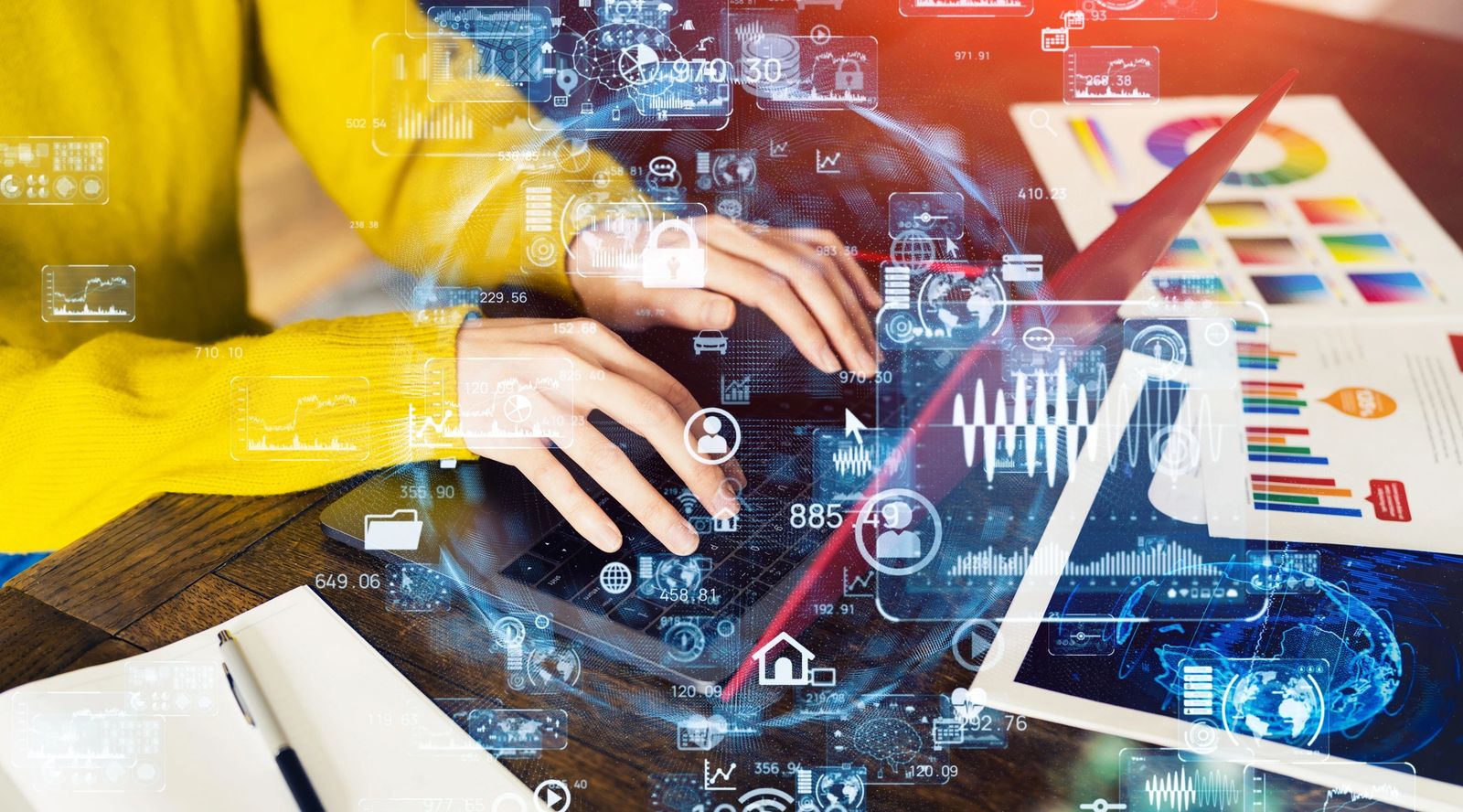 Business and technology concept. Communication network. GUI (Graphical User Interface).