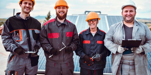Four workers in safety gear stand smiling in front of solar panels.