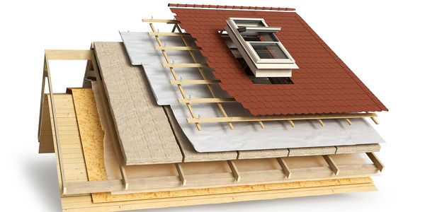 Layered cutaway of a roof showing construction materials and insulation.