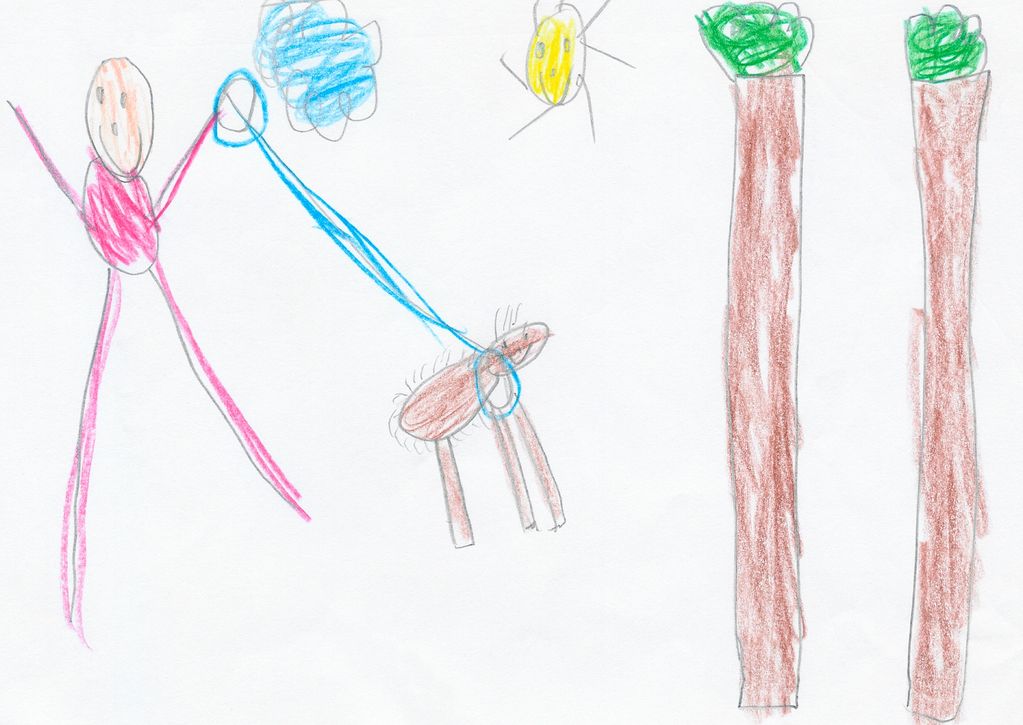 Child's drawing of a person walking a dog under the sun with two tall trees.