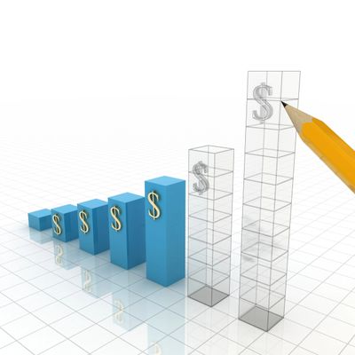 3D bar graph with dollar signs showing financial growth and a pencil drawing the tallest bar.