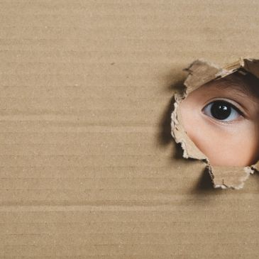 Eye peeking through torn cardboard.