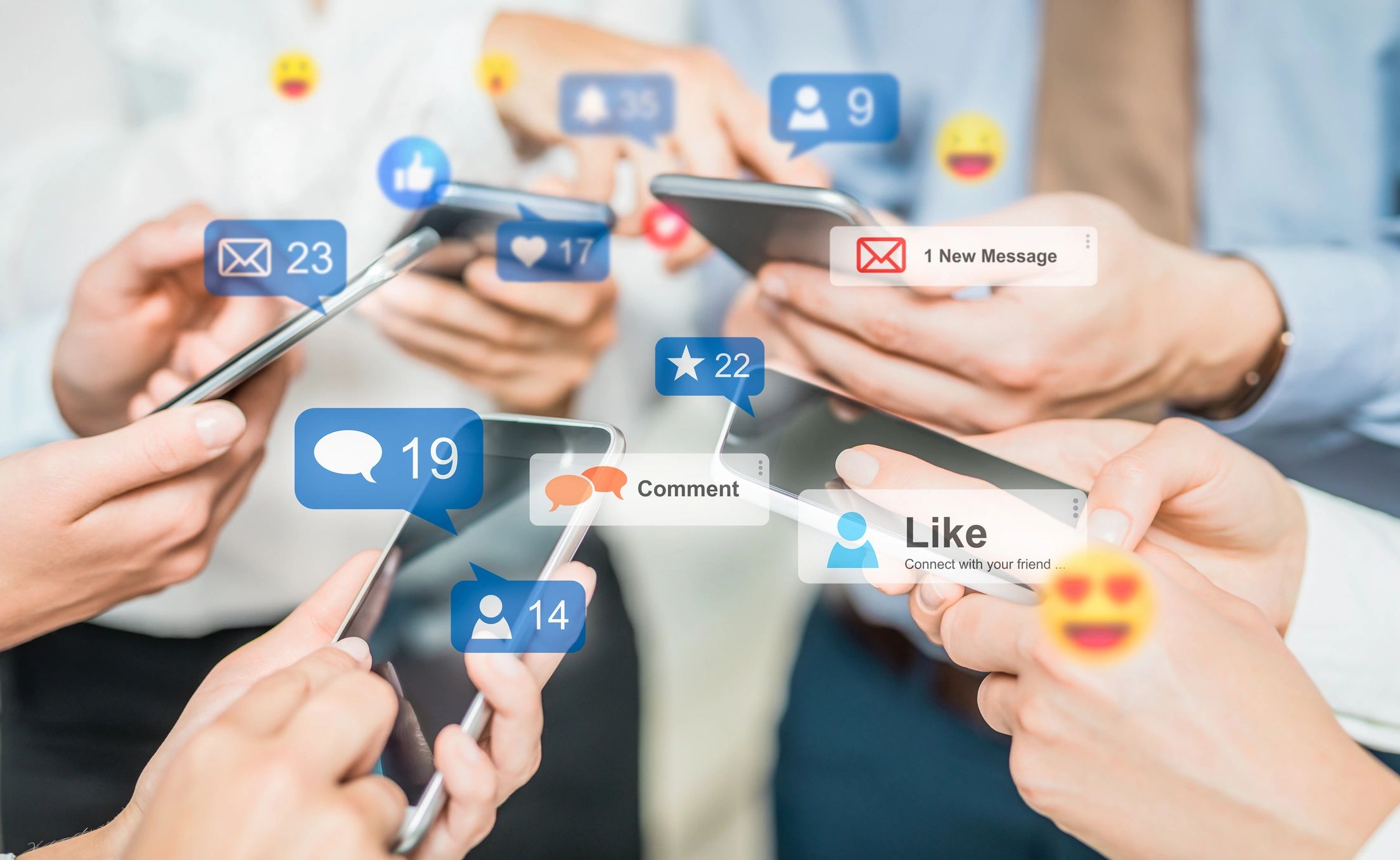 Hands holding smartphones with floating social media icons for likes, comments, and messages.