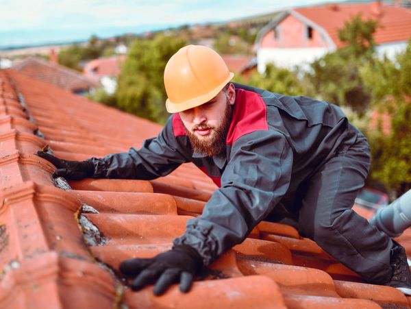 Male Worker Climbing Roof