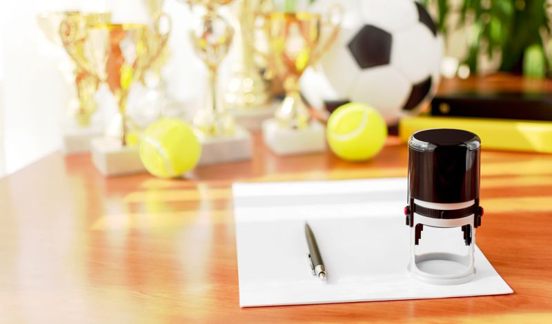 Office workplace with a blank sheet, pen, stamp, soccer and tennis balls, trophies on a blurred background. Sports business concept. Management, negotiations, contracts. Copy space. Selective focus.
