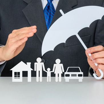 umbrella over family, house, and car
