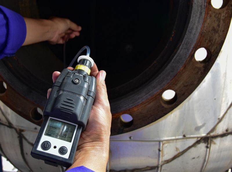 Human using the gas detector for detect combustible gas , flammable gas , toxic gas and oxygen depletion in a confined spaces before starting work.