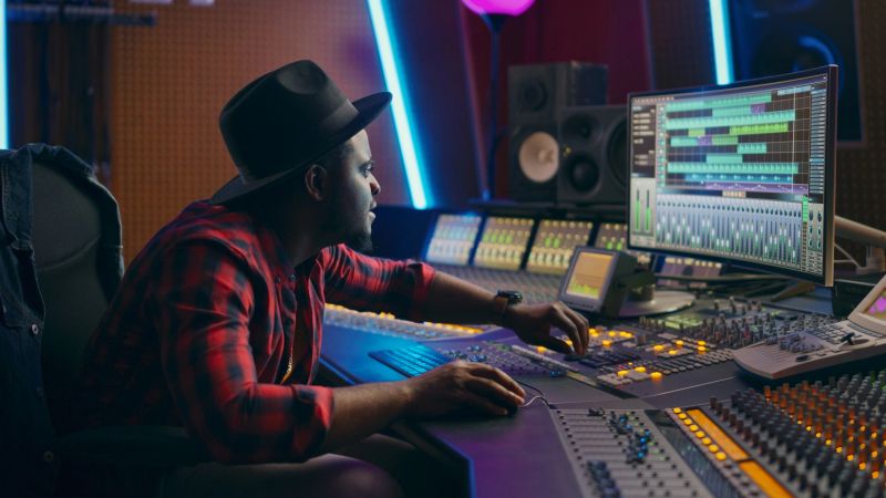 Stylish Male Audio Engineer Working in Music Recording Studio, Uses Mixing Board, Software to Create Modern Hit Song. Creative Artist Musician Working on Workdesk Control Surface to Produce New Song