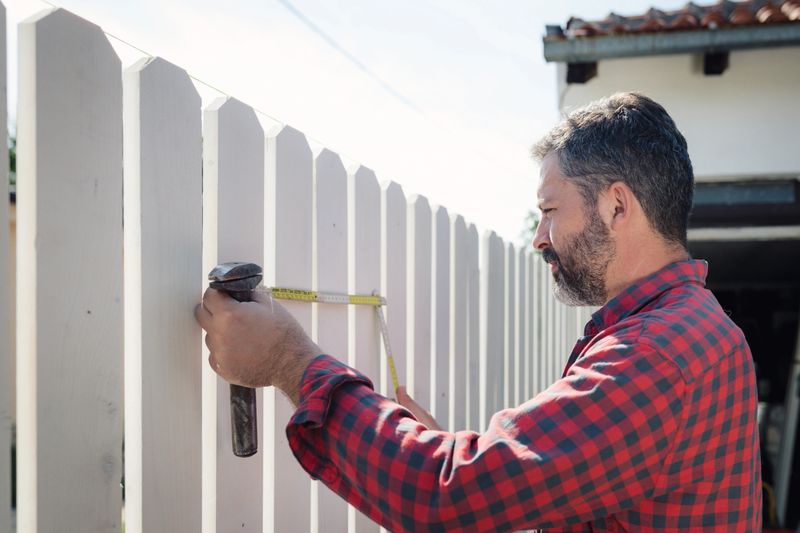 Carpenter craftsman with electric sander smoothes the boards of a wooden fence.