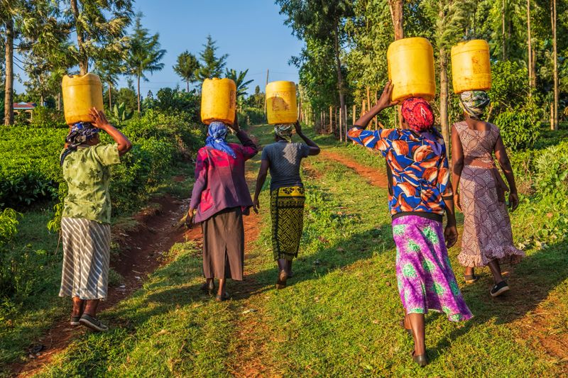 African women carrying water to their village, Kenya, Africa. African women and also children often walk long distances to bring back containers of water.