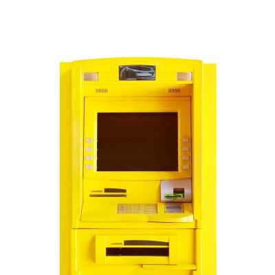Bright yellow ATM machine.