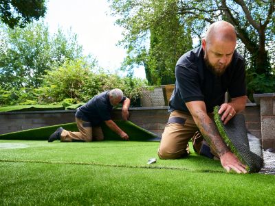 Two men installing artificial grass in a garden on a sunny day.