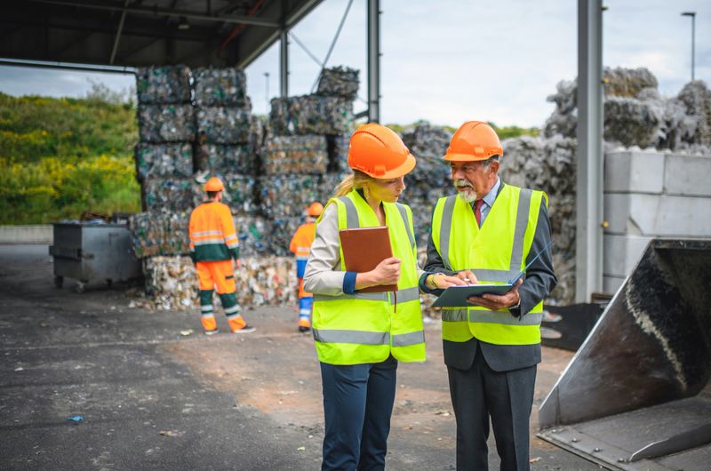 Male and female quality control inspectors in discussion at waste management facility with workers and stacks of bundled paper and plastics in background.
