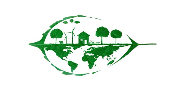 Green leaf with eco-friendly icons and world map symbolizing environmental sustainability.