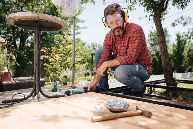 Carpenter installing a wood floor outdoor terrace in new house construction site
