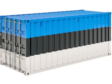 Shipping containers painted with Estonian flag colors.