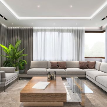 Modern living room with neutral tones and large windows.