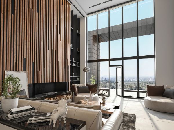 Modern living room with tall windows and wooden accents.