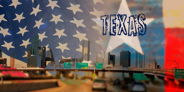 Texas city skyline with American and Texas flags overlay.