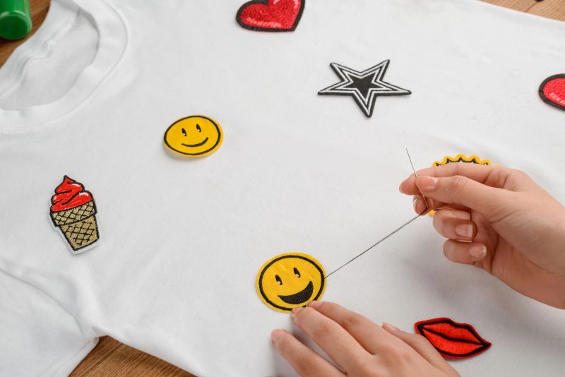 Woman sewing a patch on a white t-shirt. Lovey-dovey smile, star, kiss and ice cream embroidery. Cute makeover of old top wear.