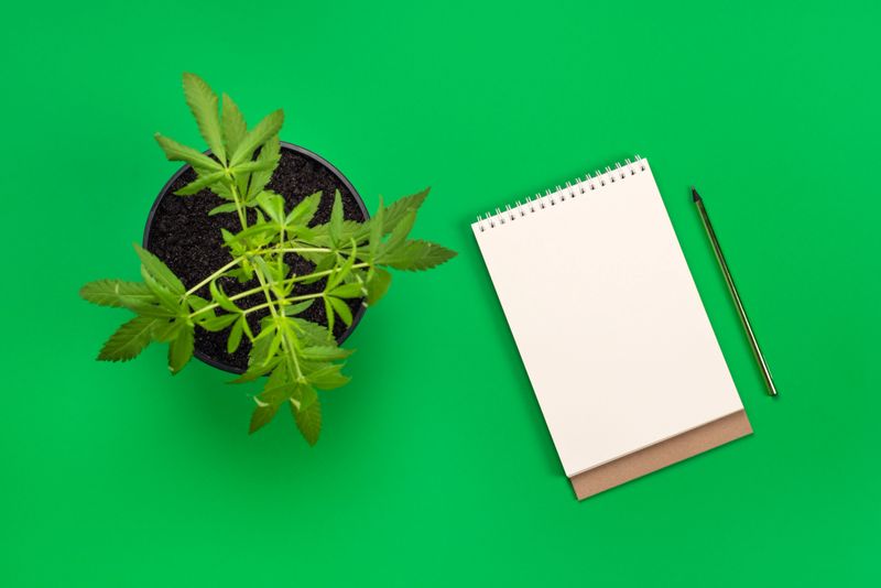 Hemp or cannabis plant in black flower pot and white modern blank notebook with copy space and green pencil. Top view flat lay banner. Business, office or education concept with copy space.