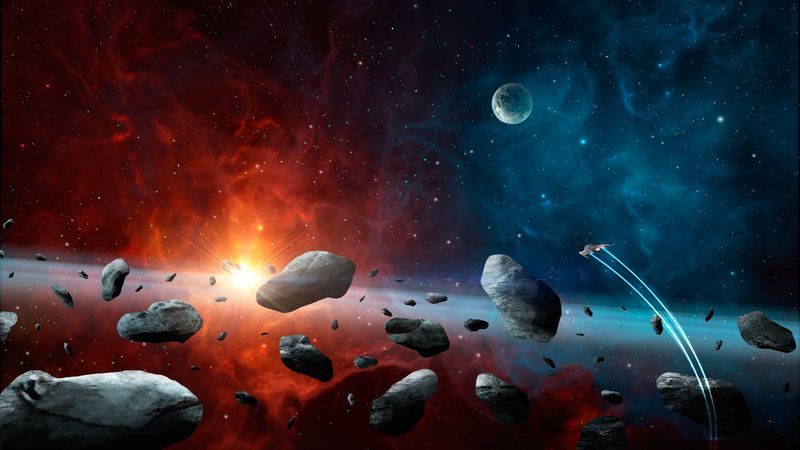 Space background. Spaceship fly in asteroid to planet with colorful nebula and stars. https://asd.gsfc.nasa.gov/blueshift/wp-content/uploads/2015/07/eso0932a.jpg