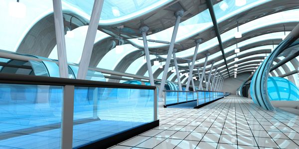 Futuristic corridor with glass and metal design elements.