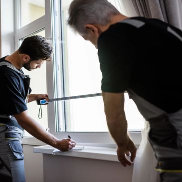 Dois homens medindo e anotando as dimensões da janela.