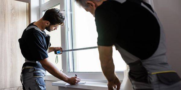 Two workers measuring a window.