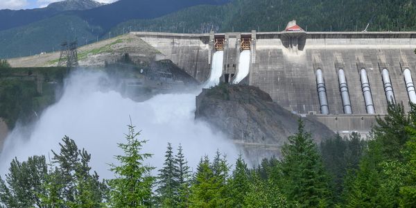 Large dam releasing water with trees in foreground.