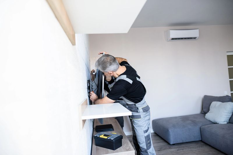 Two professional technicians, workers in uniform installing, fixing mount tv, television on the wall indoors. Construction, maintenance and repair concept. Selective focus. Horizontal shot