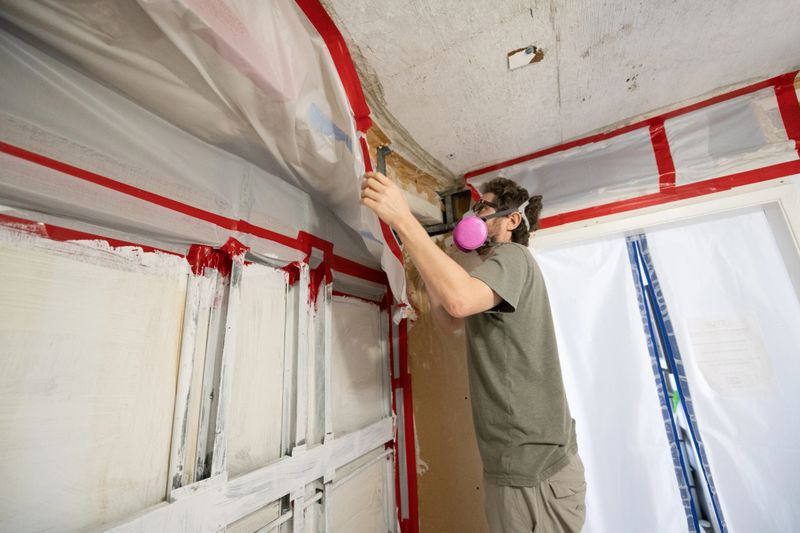 This is a photograph of a Caucasian man in his 30s wearing a respirator indoors due to poor air quality after demolition while he inspects the walls after mold remediation in the construction site of an apartment kitchen.