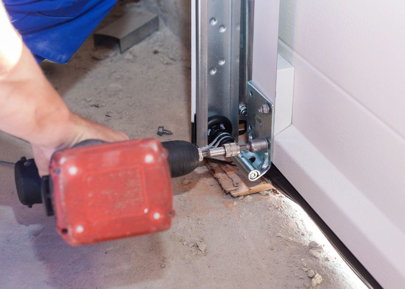 Concept of improvement and building renovation. Cropped view of professional worker install metal rail on garage door system in new house under construction, using electric screwdriver