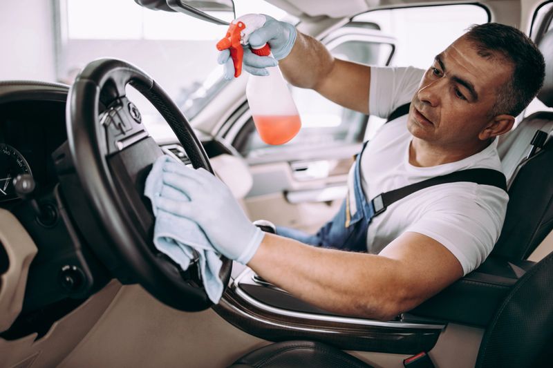 Car wash service worker wet cleaning expensive and luxurious vehicle interior and seats