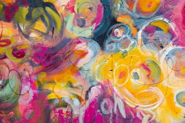 Colorful abstract painting with swirling patterns.