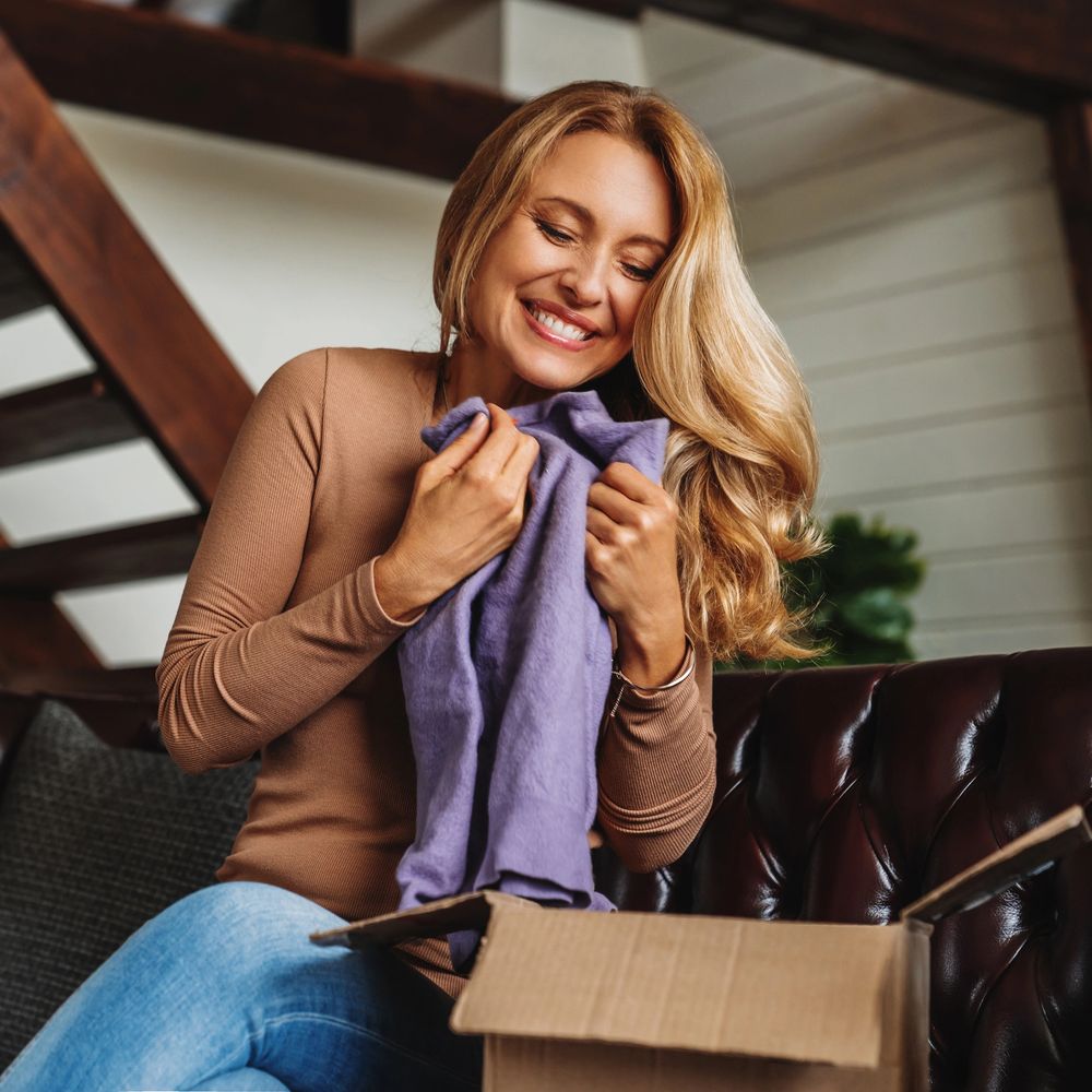 A woman joyfully hugs a purple sweater she just unpacked from a box.