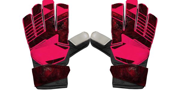 Pair of red and black goalkeeper gloves with white thumb padding.